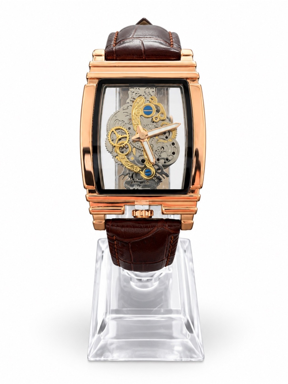 Rose Gold Skeleton Style Tonneau Watch Brown Leather Strap